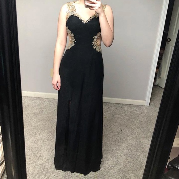 Black Prom Dress with Gold and Silver Embroidery - Picture 2 of 6